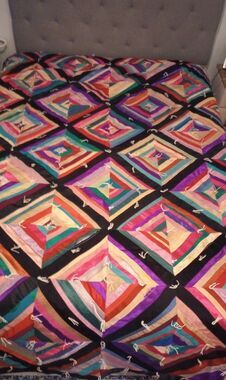 Vintage Patchwork Quilt Satin Velvet Diamonds 90s Signed PHOTOS Cond. 80" X 100"